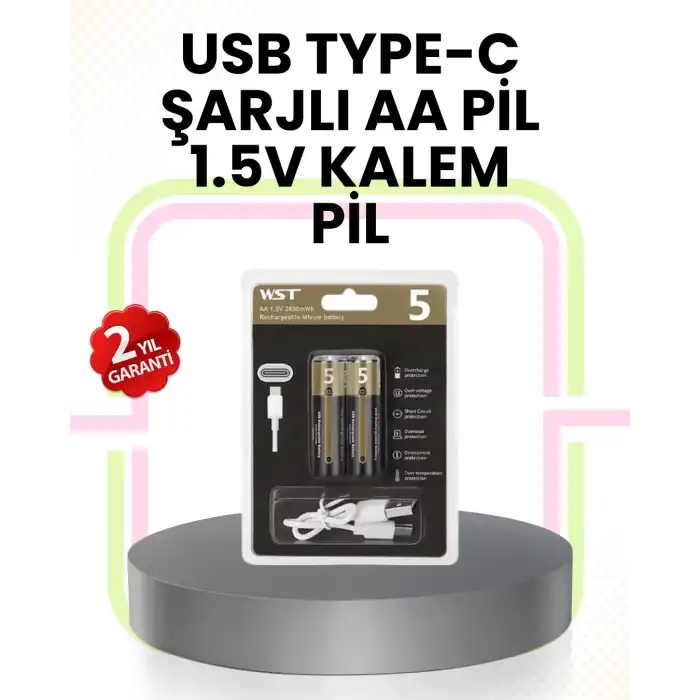 Tekrar Şarj Edilebilir AA USB Type-C Pil | 1000+ Döngü | 1.5V Sabit Voltaj