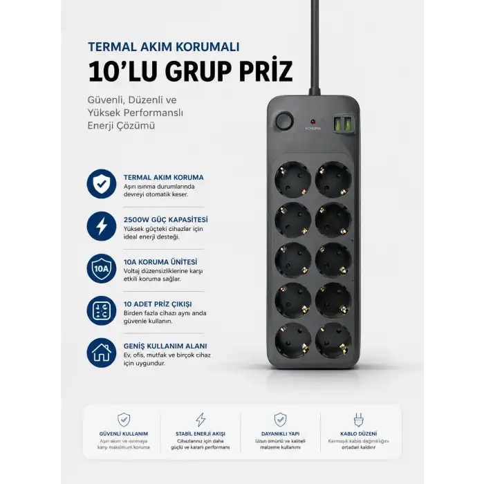 Termal Akım Korumalı USB Type-C Girişli 10lu Grup Priz 2500W Güç Kapasitesi (Kopya)
