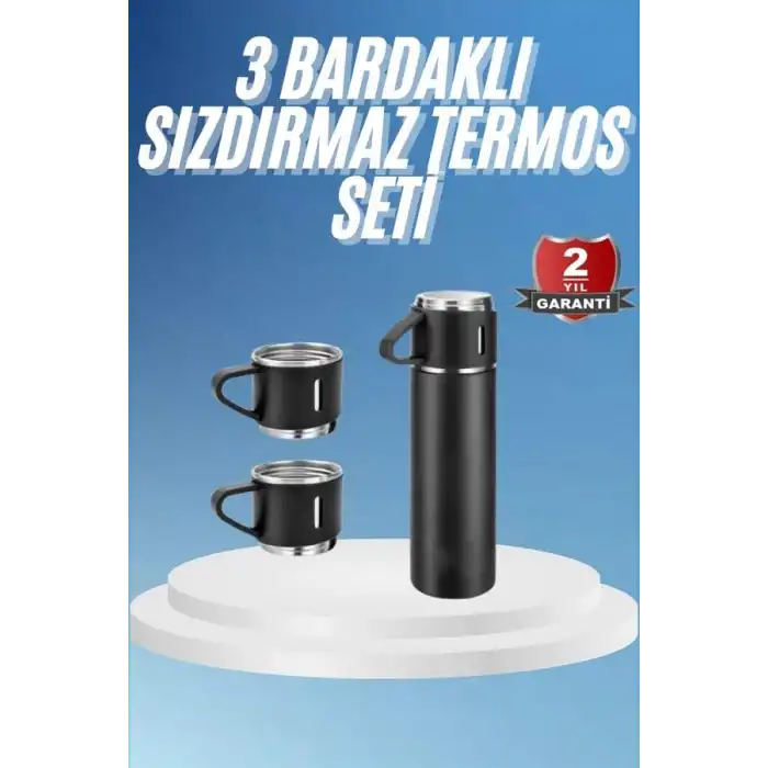 Termos Paslanmaz Çelik Termos Siyah Renk 3 Bardaklı Termos Seti
