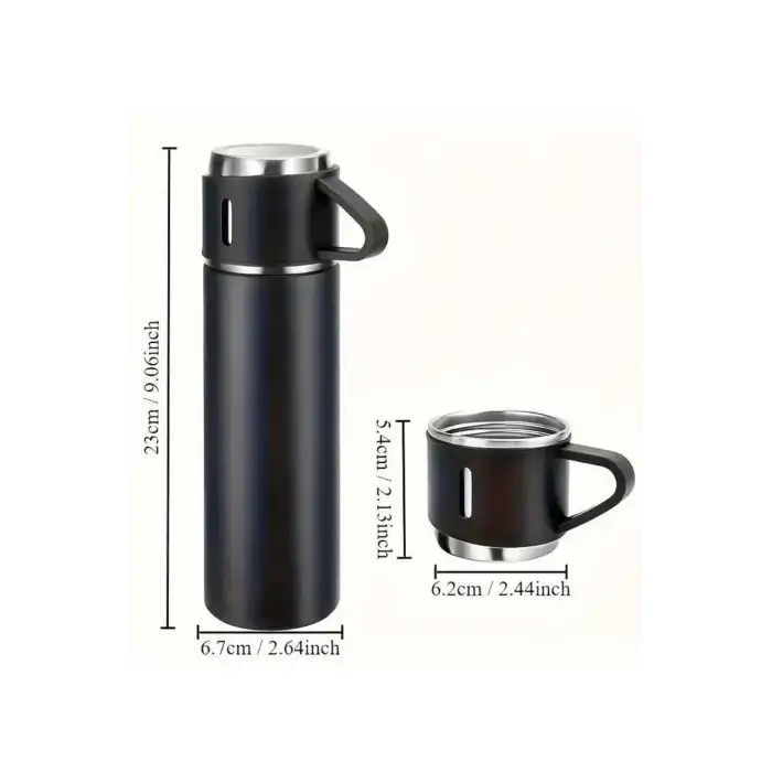 Termos Seti 3lü Bardak Seti Isı Dayanıklı Siyah Paslanmaz Çelik Vakumlu