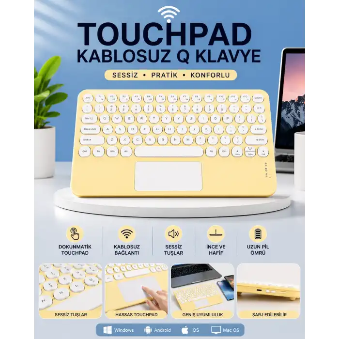 Touchpad Tüm Cihazlara Uyumlu Bluetooth Klavye Touchpad Slim Kablosuz Wifi Q Klavye
