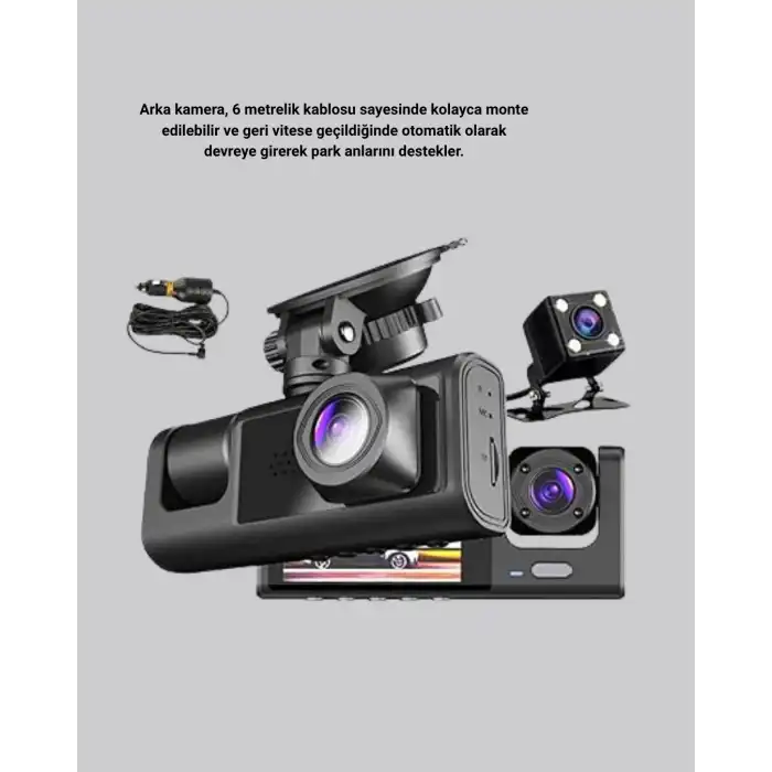 Üç Kameralı Araç İçi Kayıt Sistemi Full HD Gece Görüşlü ve G-Sensör Destekli