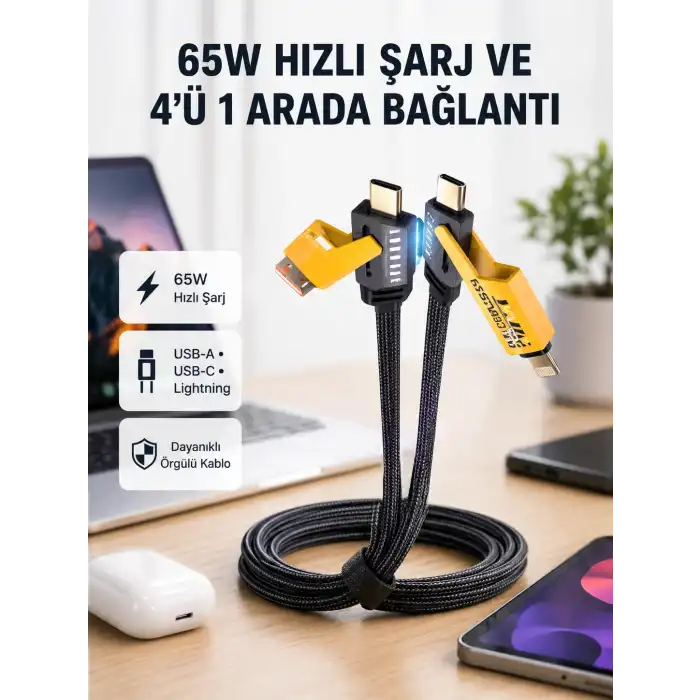 USB-C USB-A 4’ü 1 Arada Örgülü Kablo 65W Hızlı Şarj Metal Uç Dayanıklı