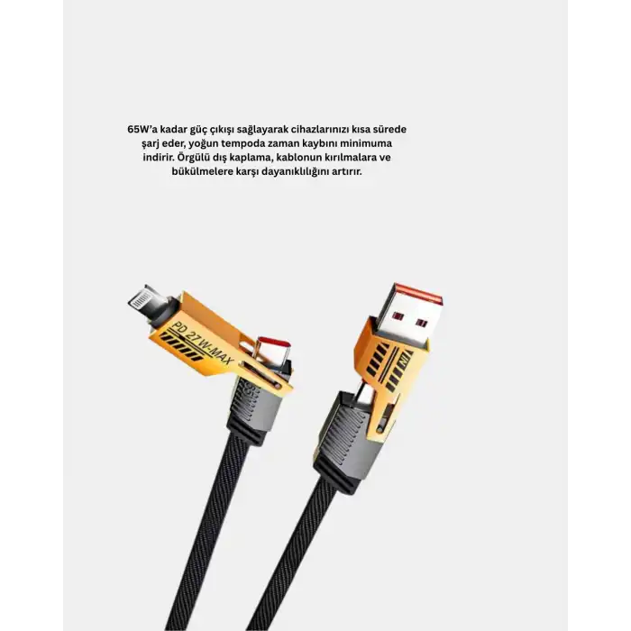 USB-C USB-A 4’ü 1 Arada Örgülü Kablo 65W Hızlı Şarj Metal Uç Dayanıklı