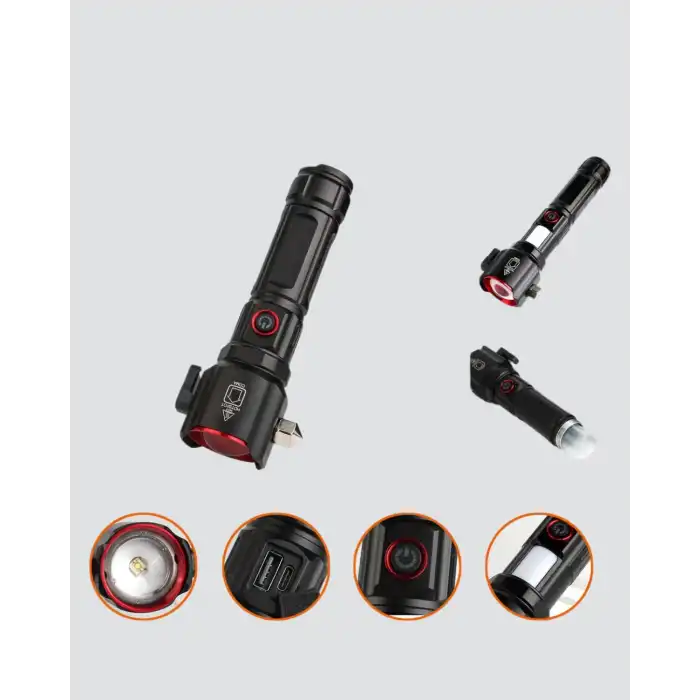 USB Şarjlı Çok Amaçlı El Feneri Çekiçli Pusulalı