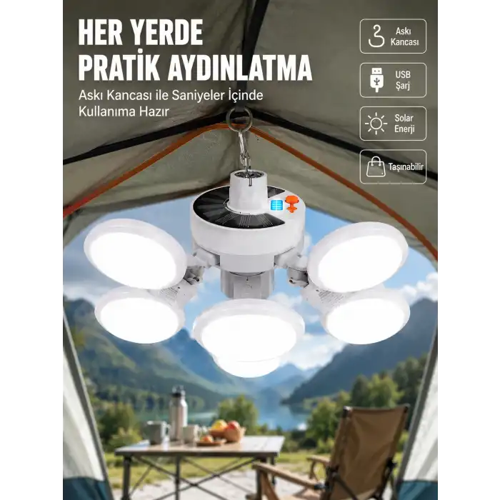 USB ve Solar Şarjlı Katlanabilir 5 Taraflı LED Lamba