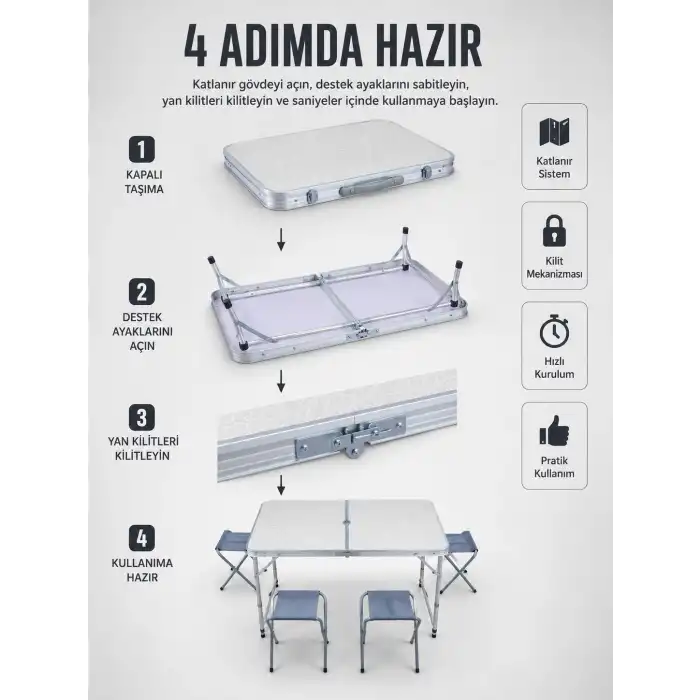 Valiz Tipi Katlanabilir Piknik Masası 4 Tabureli Taşınabilir Kamp Masası