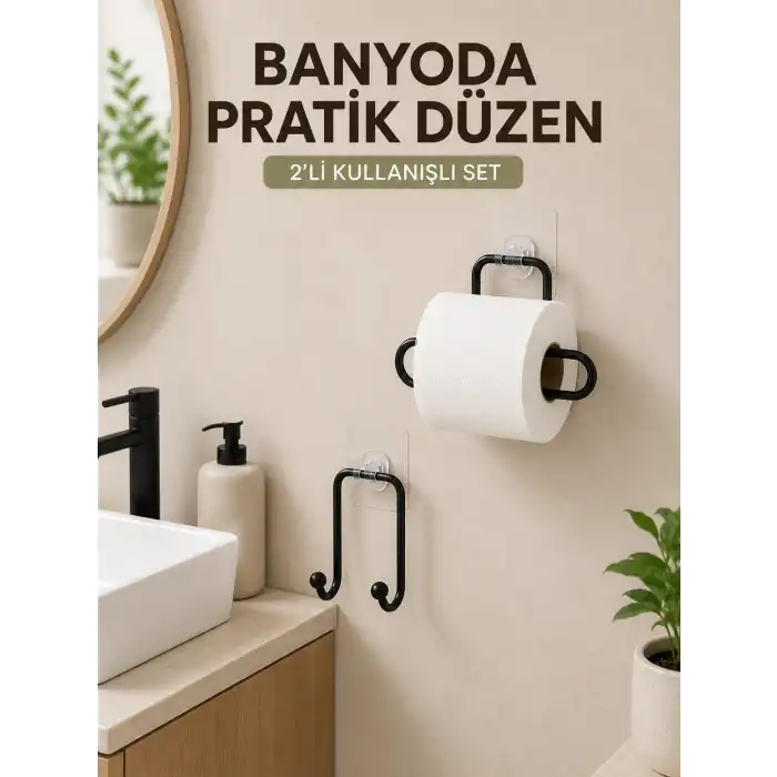 Vidasız Banyo Seti Yapışkanlı Tuvalet Kağıdı Tutucu ve Havlu Askısı 2’li Set