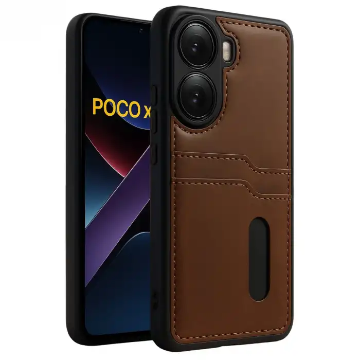 Xiaomi Poco X7 Pro Kılıf Sara Kartvizitli Deri Kılıf - Taba