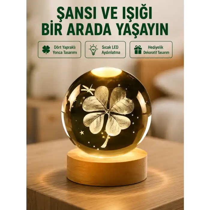 Yonca Figürlü Cam Küre USB Işıklı Ahşap Tabanlı Dekoratif Masa Lambası