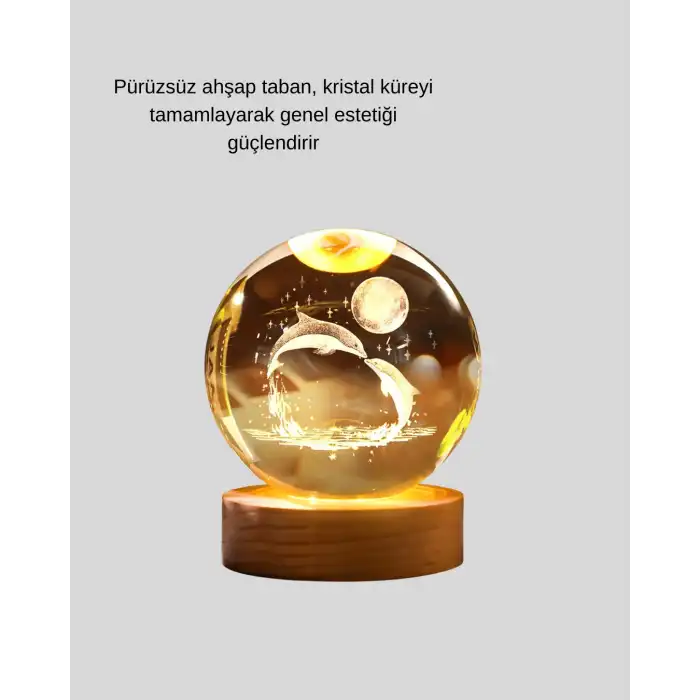 Yunus Temalı Kristal Küre USB Işıklı Ahşap Altlıklı Gece Lambası