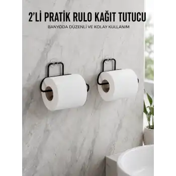 2 Adet Siyah Yapışkanlı Kağıtlık Duvar Tipi Tuvalet Kağıdı ve Rulo Tutucu