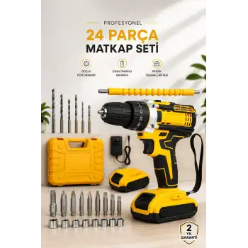 24 Parça Çift Bataryalı Şarjlı Matkap Seti 24W Motor ve Otomatik Mil Kilitli Tasarım