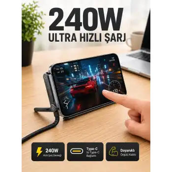 240W Type-C Telefon Standlı Örgülü Şarj ve Data Kablosu