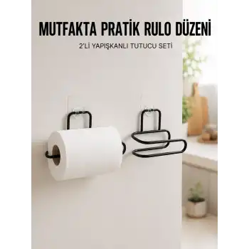 2’li Siyah Metal Rulo Kağıt Tutucu Yapışkanlı Banyo ve Mutfak Kağıtlık