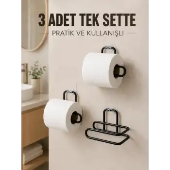 3 Adet Siyah Rulo Kağıt Tutucu Yapışkanlı Duvar Tipi Pratik Kağıtlık Seti