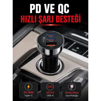 3 Portlu Araç İçi Şarj Adaptörü Çift PD Type-C ve QC3.0 USB Çıkışlı