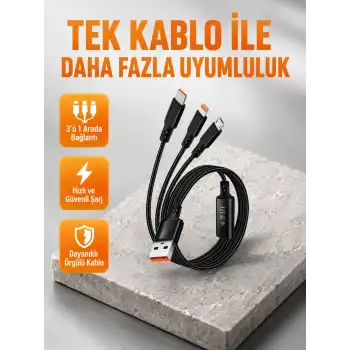 3’ü 1 Arada Şarj Kablosu Type-C iOS Android Uyumlu Hızlı ve Güvenli Şarj