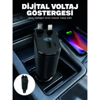 4 Cihazı Aynı Anda Şarj Eden Araç Şarj Cihazı USB-A, USB-C, Type-C ve Lightning Destekli