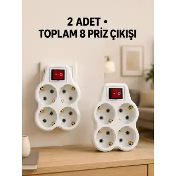 4’lü Priz Çoğaltıcı 2 Adet Set Kablosuz Duvar Tipi Anahtarlı Priz Çoklayıcı