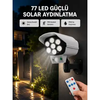 77 LEDli Güneş Enerjili Güvenlik Lambası ve Kukla Kamera – Hareket Sensörlü, 2400mAh Pilli