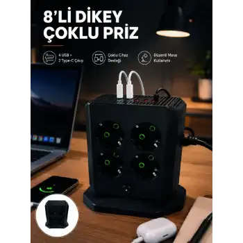 8li Dikey Çoklu Priz 4 USB 2 Type-C Girişli Akım Korumalı Uzatma Prizi