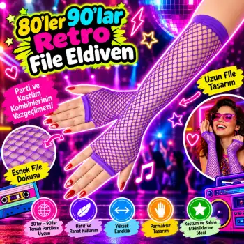 80’ler 90’lar Retro Mor File Parmaksız Eldiven 26 cm
