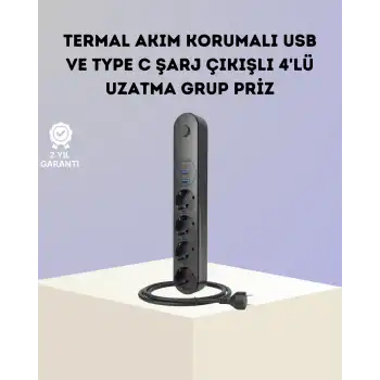 Akım Korumalı Çoklu Priz 4’lü 2 USB 1 Type-C 2500W Güçlü Tasarım