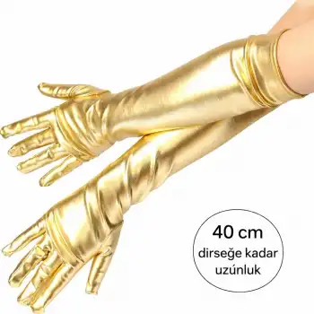 Altın Renk Dirsek Altı Lüks Saten Eldiven 40 Cm