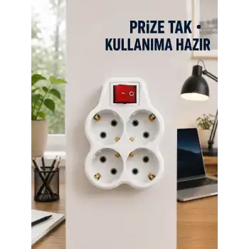 Anahtarlı 4’lü Priz Adaptörü Direkt Prize Takılan Kompakt Priz Çoklayıcı