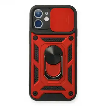 Apple İphone 12 Kılıf Pars Lens Yüzüklü Silikon - Kırmızı