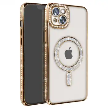 Apple İphone 14 Kılıf Joke Simli Magneticsafe Kılıf - Gold
