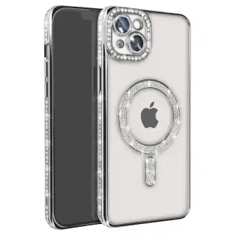 Apple İphone 14 Kılıf Joke Simli Magneticsafe Kılıf - Gümüş