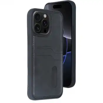 Apple İphone 15 Pro Max Kılıf Sara Kartvizitli Deri Kılıf - Siyah