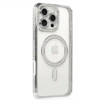 Apple İphone 16 Pro Kılıf Joke Simli Magneticsafe Kılıf - Gümüş