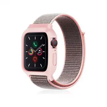 Apple Watch 38mm Hasırlı Cırtcırtlı Kasalı Kordon - Pembe
