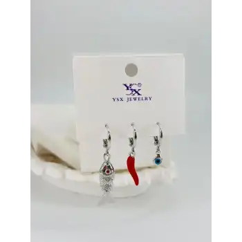 Biber Detaylı Üçlü Kombin Küpe