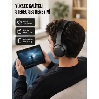 Bluetooth 5.0 Siyah Kablosuz Kulaklık 18 Saat Batarya Katlanabilir Tasarım Yeni Nesil