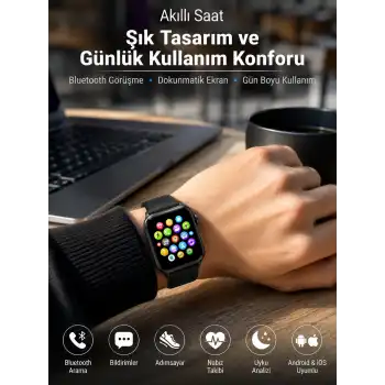 Bluetooth Arama, Akıllı Bildirimler ve Günlük Sağlık Takibi Sunan Şık Tasarımlı Akıllı Saat