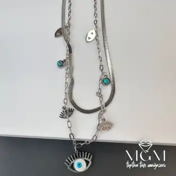 Çelik Nazar Boncuklu İkili Göz Kolye