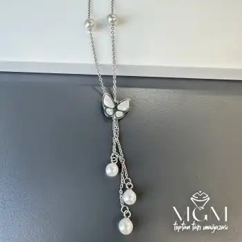 Çelik Sedef Taşlı İncili Kolye