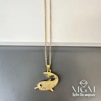 Çelik Zirkon Taşlı Yunus Balığı Kolye