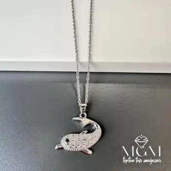 Çelik Zirkon Taşlı Yunus Balığı Kolye