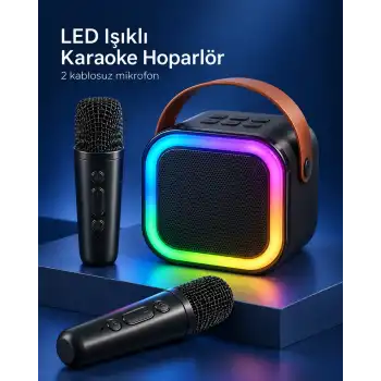 Çift Kablosuz Mikrofonlu LED Işıklı Bluetooth Karaoke Hoparlör Seti