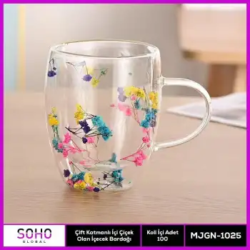 Çift Katmanlı İçinde Çiçek Olan Bardak