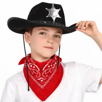Çocuk Kovboy Şapka Rozetli Siyah  Kırmızı Bandana Seti