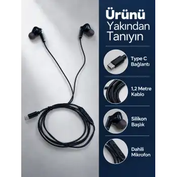 Dahili Mikrofonlu Type C Kablolu Kulaklık Siyah Gövde