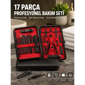 Deri Çantalı Siyah Paslanmaz Çelik 17 Parça Manikür Pedikür Seti