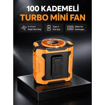 Dijital Ekranlı Turbo Mini Fan – 3 Kademeli Hız, Sessiz Çalışma ve Type-C Şarj
