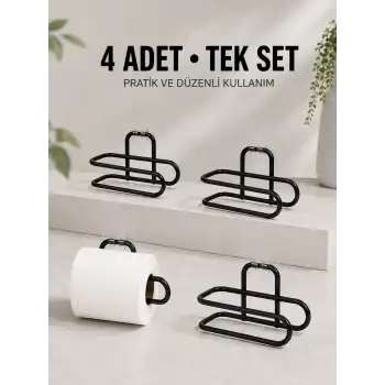 Duvara Yapışkanlı WC Kağıtlık Siyah Metal 4 Adet Tuvalet Kağıdı Rulo Askısı